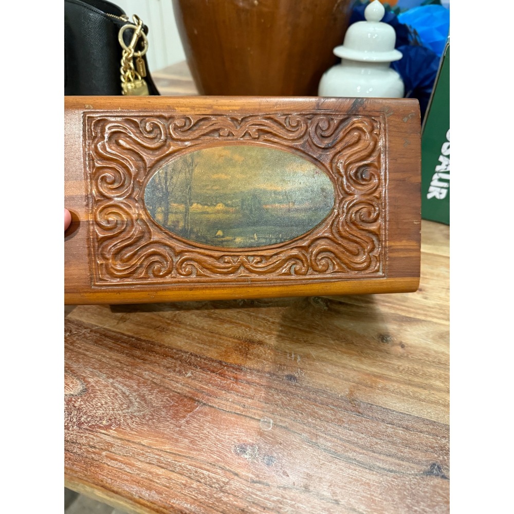 MCM Cedar Wood Trinket Box, Decorative Landscape Lid, Keepsake Chest